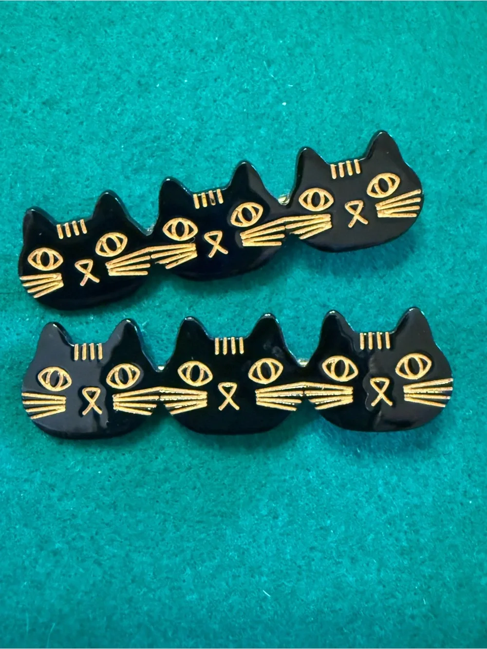 Black Cat Hair Clips with Gold Accents - Cute Cat Face Design